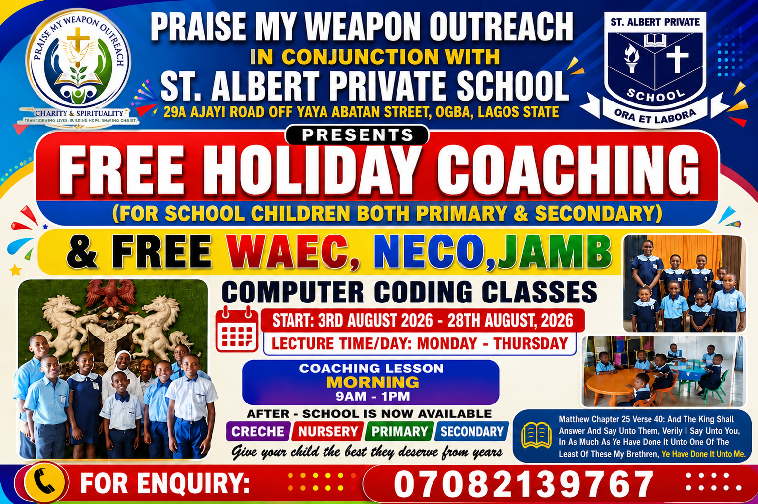 Flyer for Praise My Weapon Outreach free holiday coaching and examination and coding classes